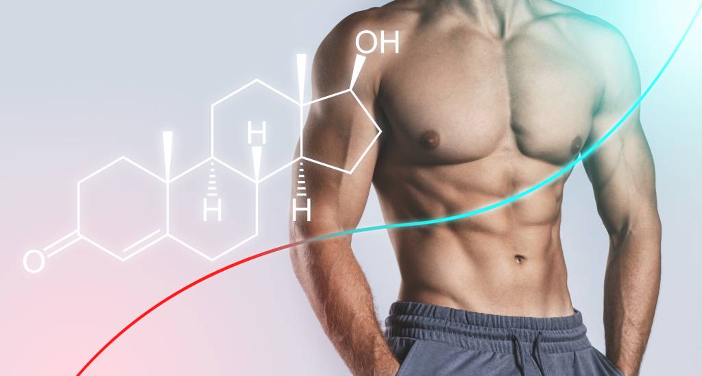 A man with a muscular body overlaid with a molecular diagram of testosterone.